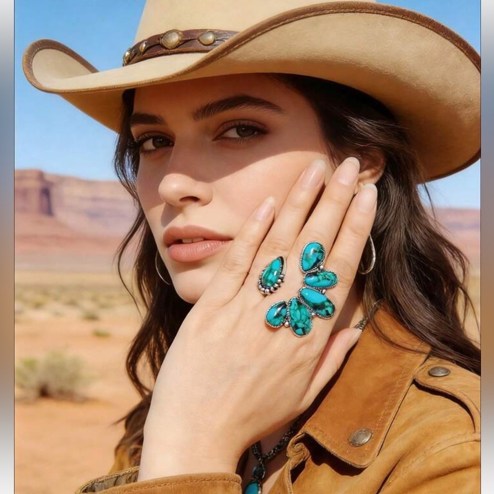 New Western Boho Faux Turquoise Statement Adjustable Silver Ring OS
